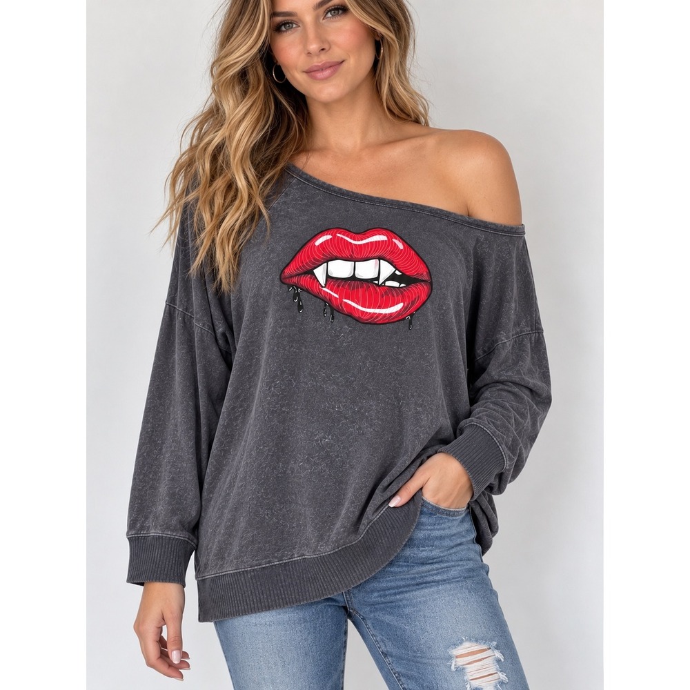 LoveSick Gray Vampire Lips Fangs Off Shoulder Sweatshirt Size 2X Halloween